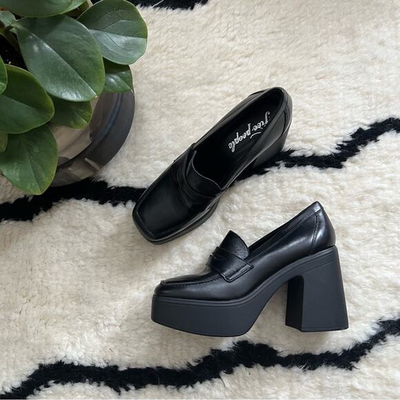 Free People Zoe Black Leather Chunky Platform Loafers - Picture 3 of 8